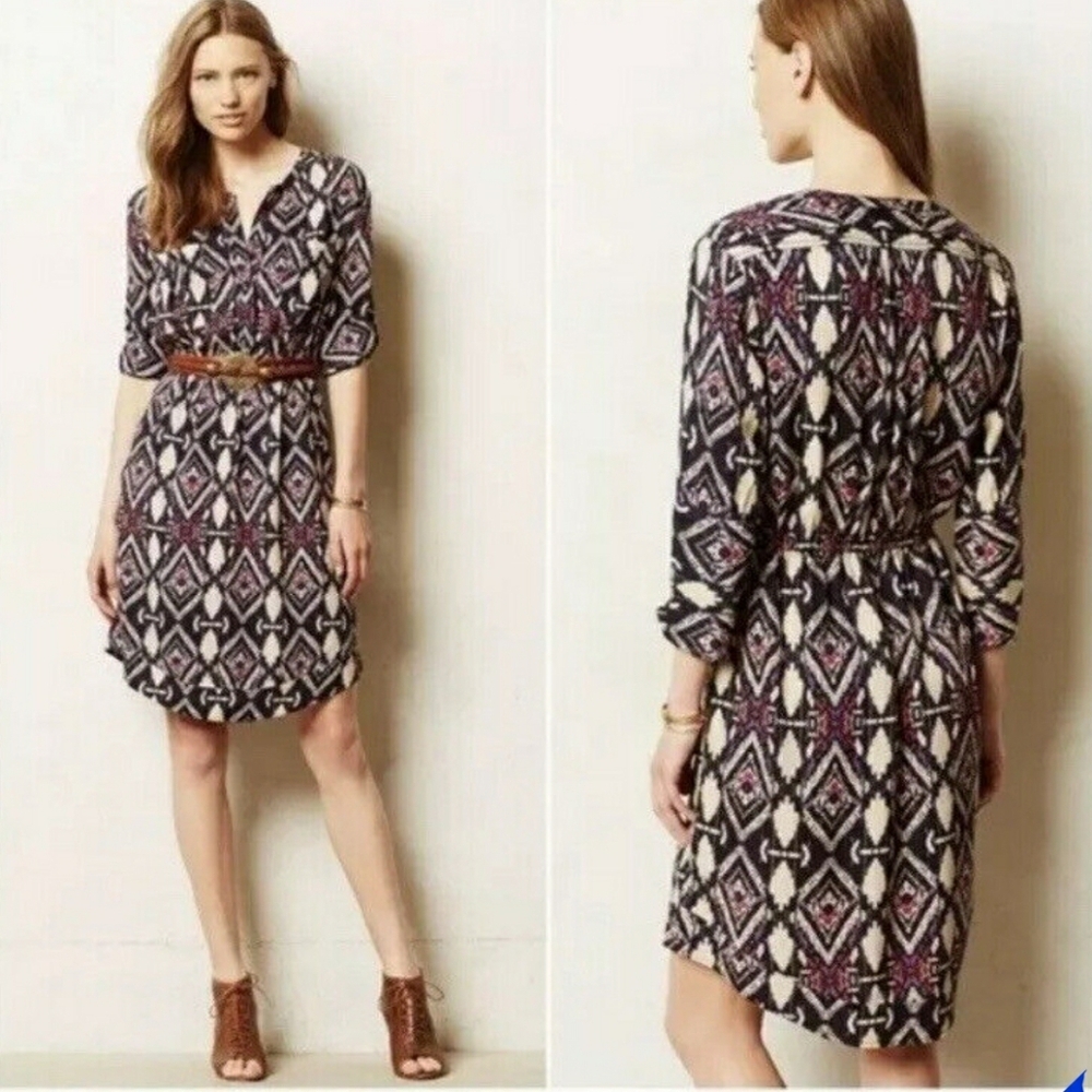 Anthropologie Holding Horses Black Tan Purple & Red Boho Dress EUC